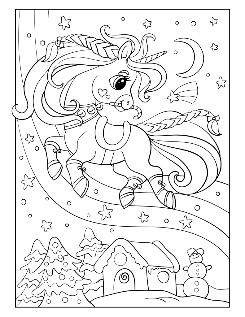 Winter unicorn flying coloring page