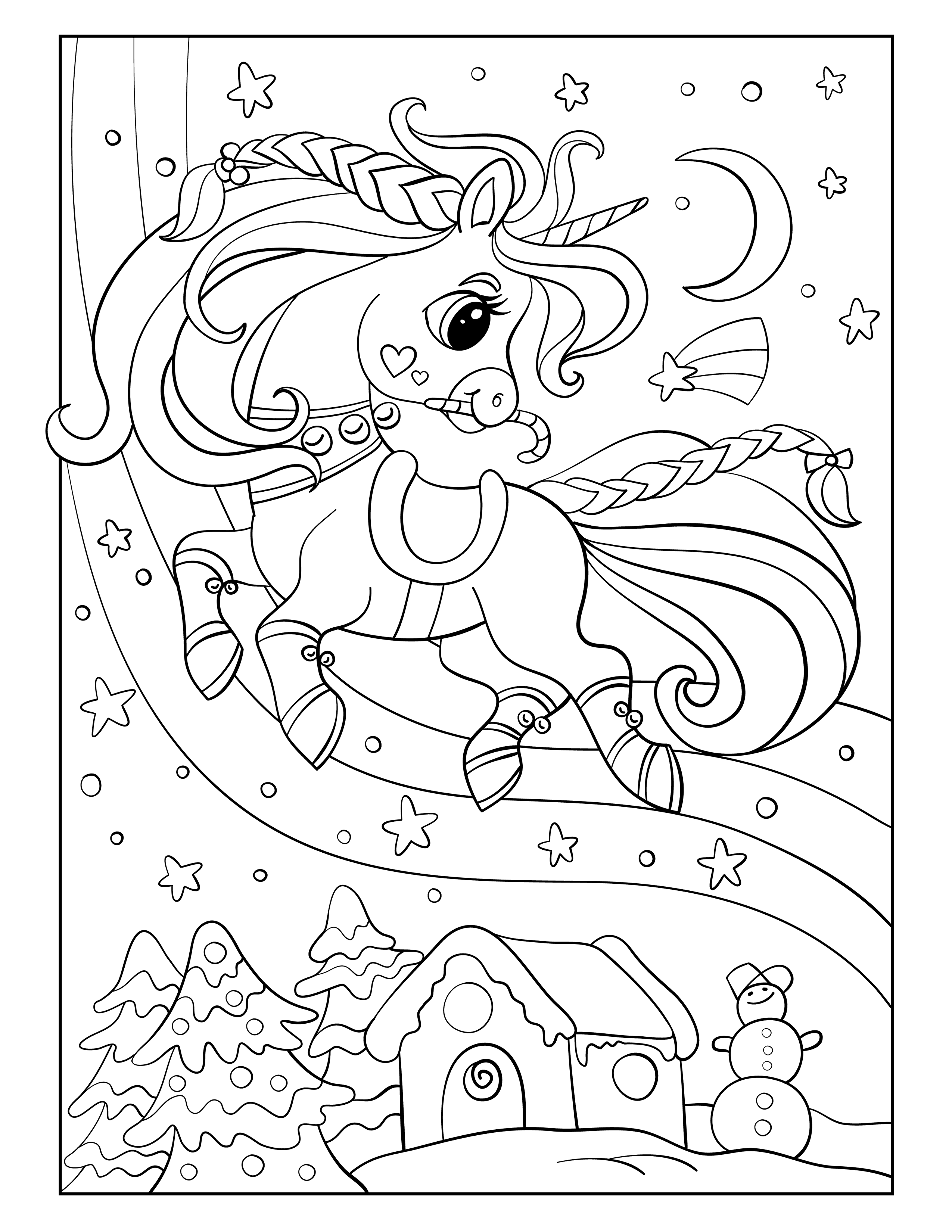 Winter unicorn flying coloring page