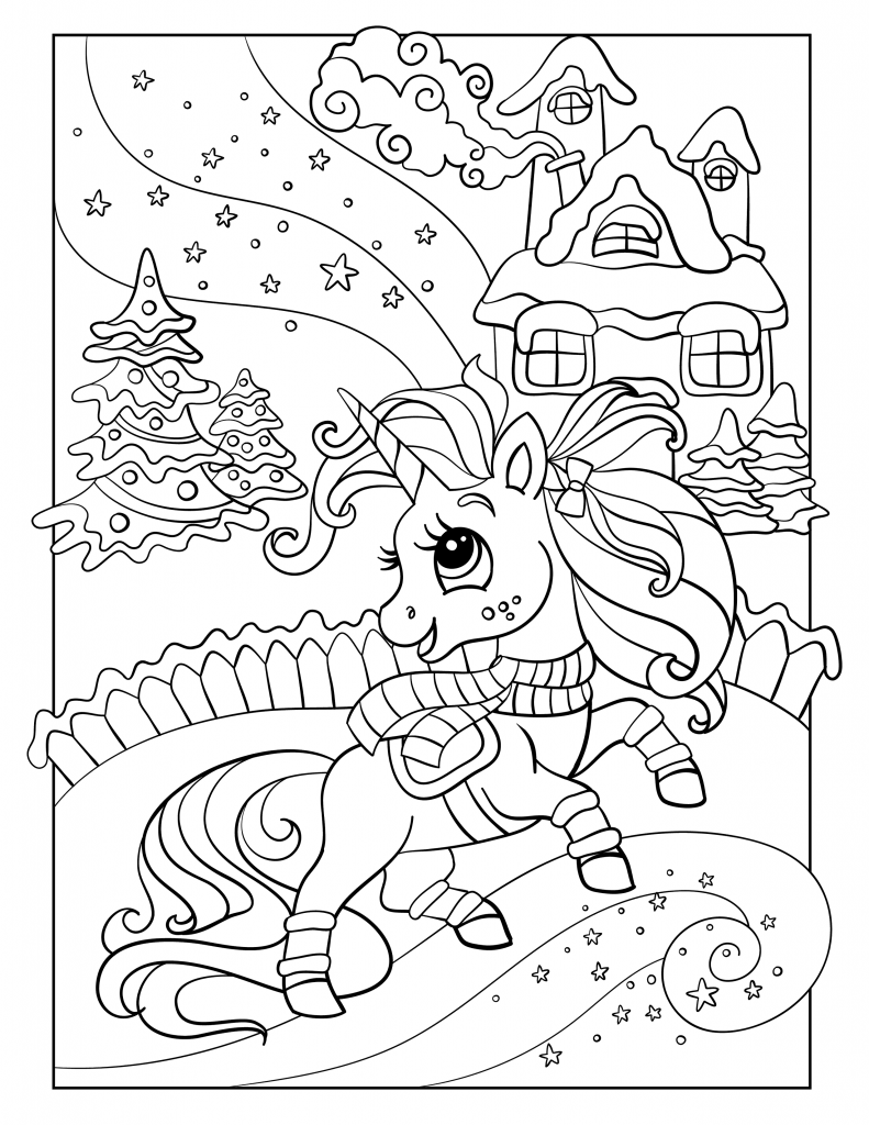 Winter unicorn in a village coloring page