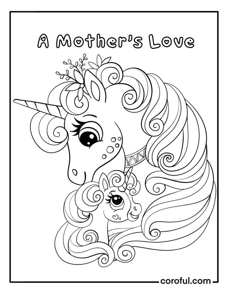 A unicorn mothers love coloring page