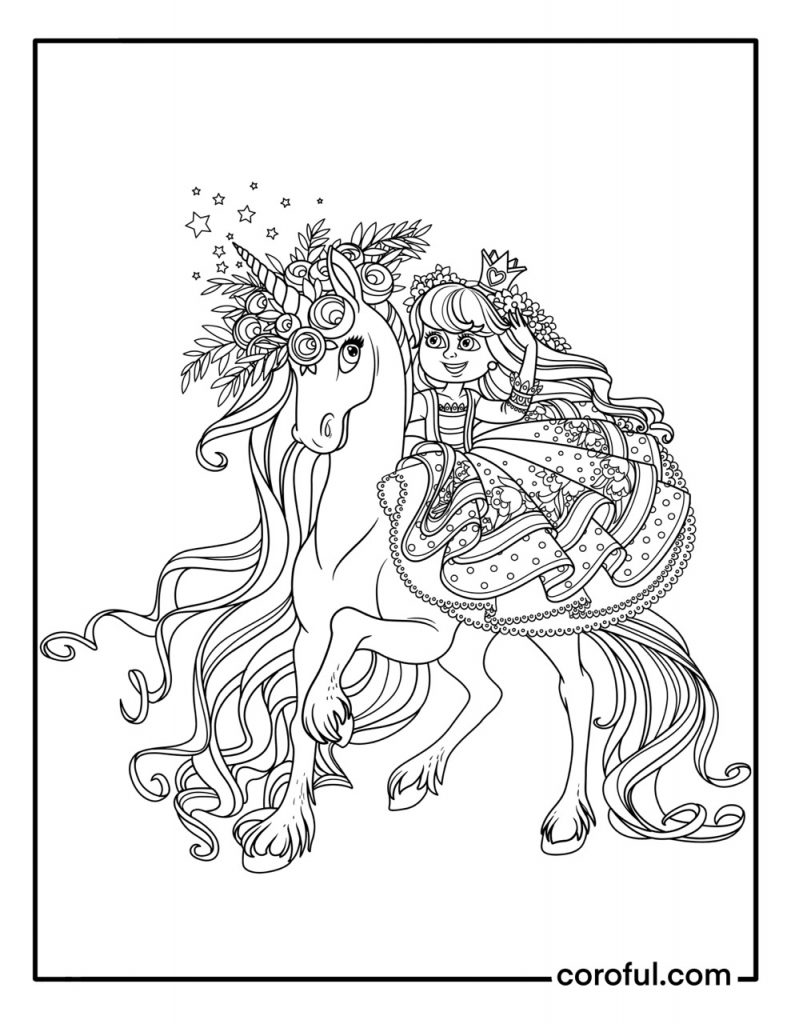 A princess on a unicorn coloring page