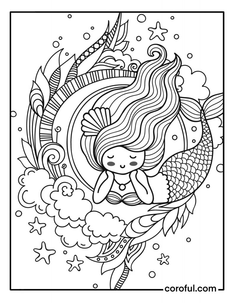 Adorable fantasy mermaid coloring page