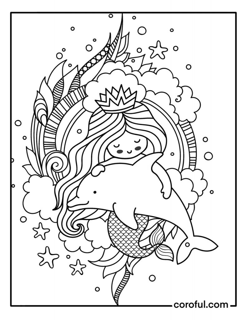 Adorable fantasy mermaid holding a dolphin coloring page