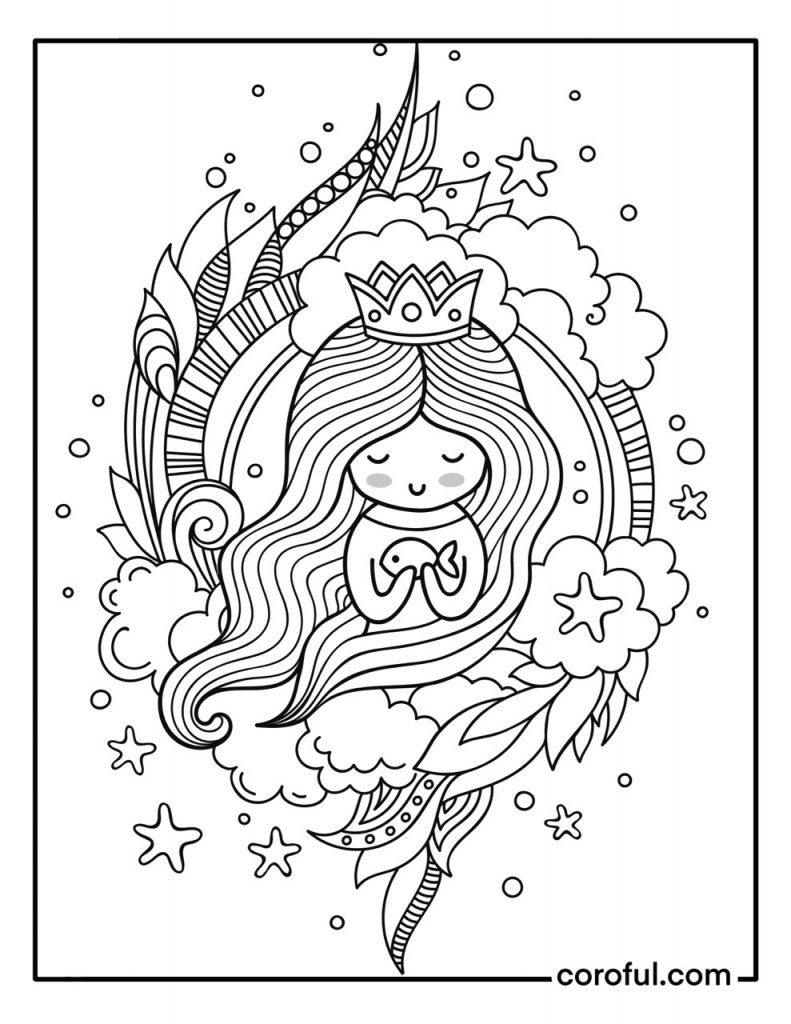 Adorable fantasy sleeping mermaid coloring page