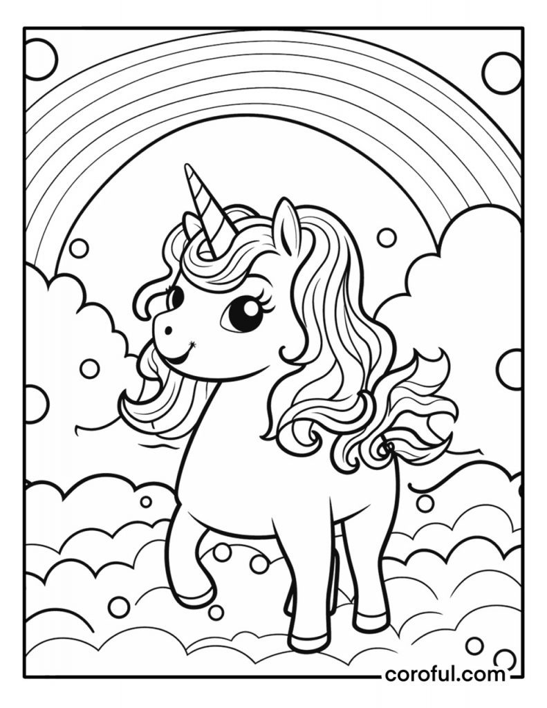 Baby unicorn on the clouds with rainbow coloring page