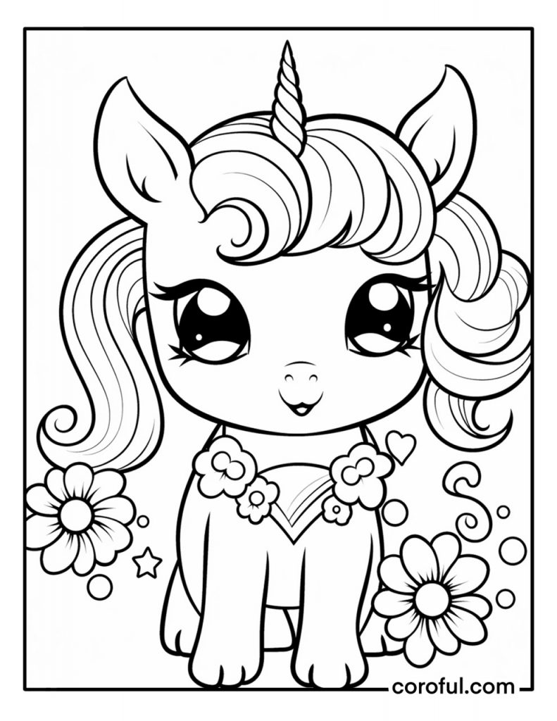 Baby unicorn surrounded with flowers coloring page