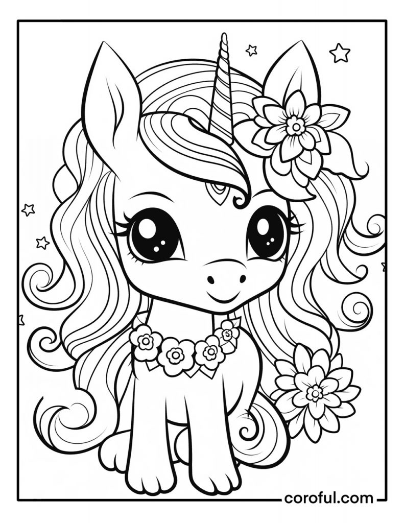 Baby unicorn with flower necklace and headdress coloring page