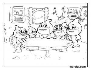 Baby Shark and family having dinner coloring page