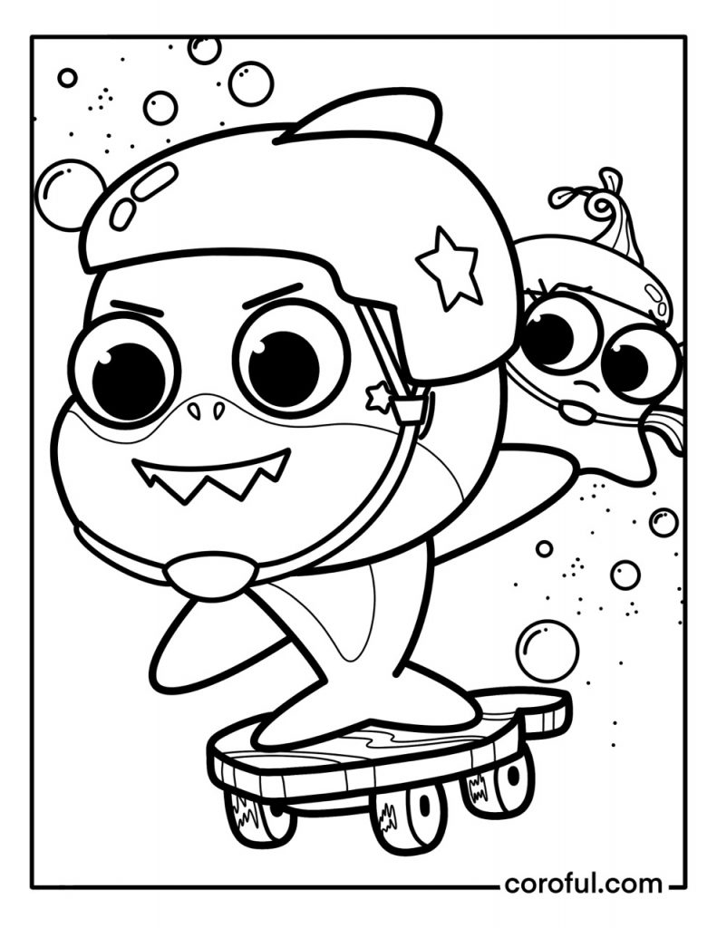 Baby Shark skateboarding with a friend coloring page