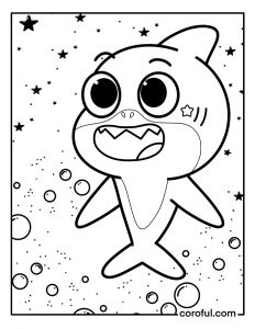Baby Shark with stars and sea bubbles coloring page