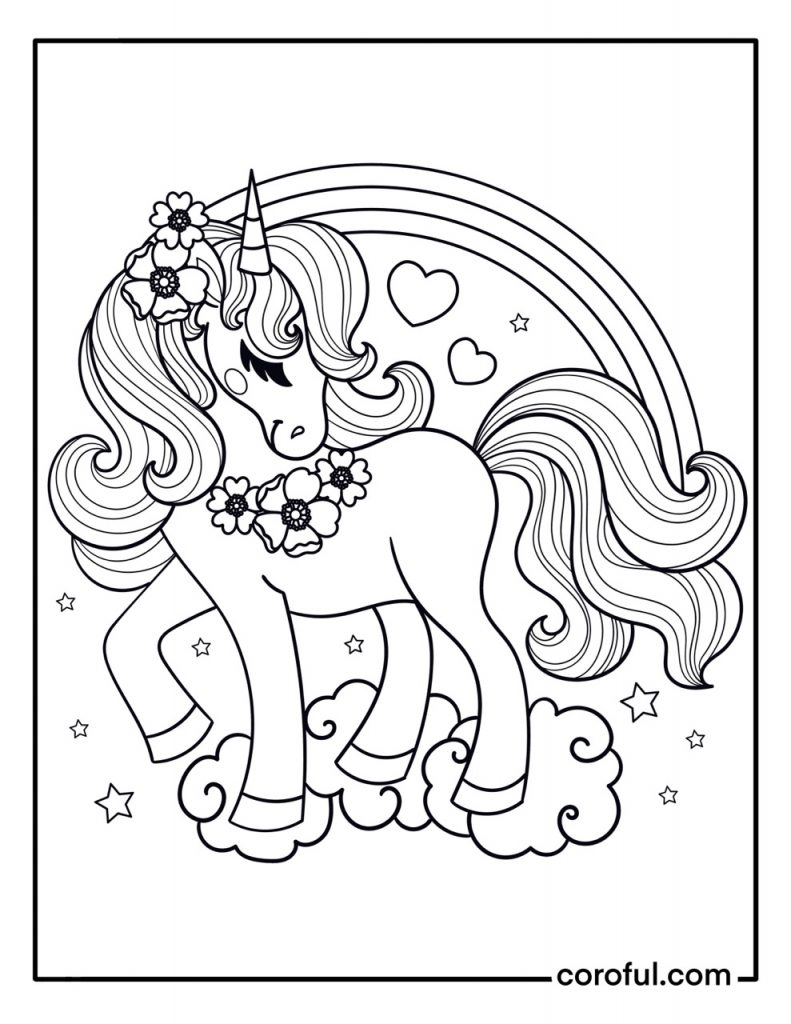 Beautiful unicorn with a rainbow coloring page