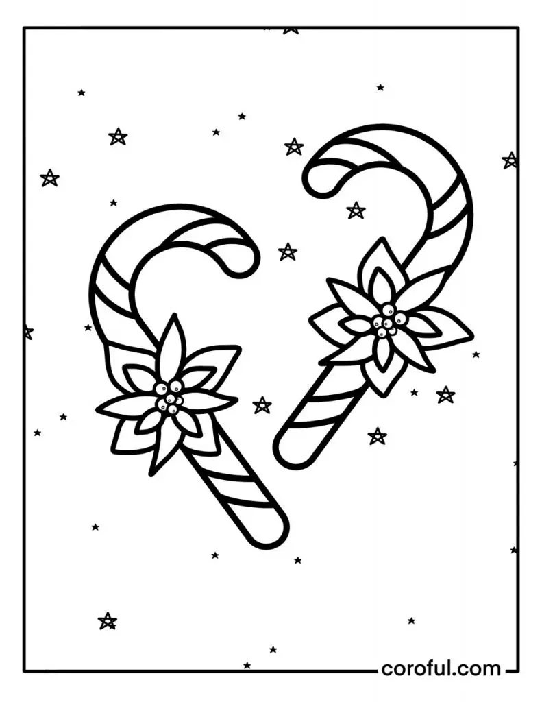 Christmas candy cane with poinsettia and stars coloring page