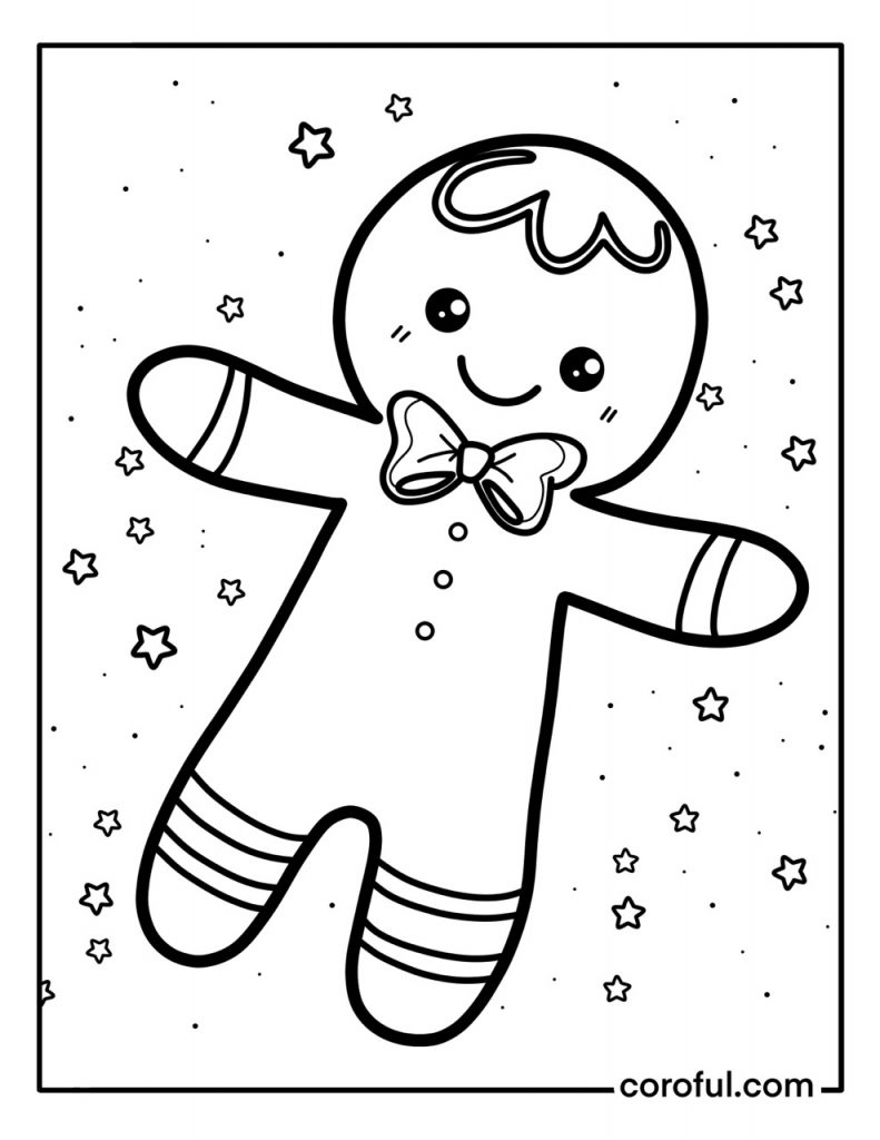 Christmas gingerbread smiling with stars coloring page