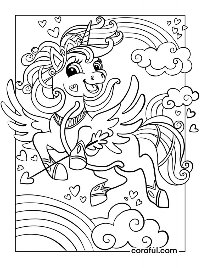 Cupid unicorn coloring page