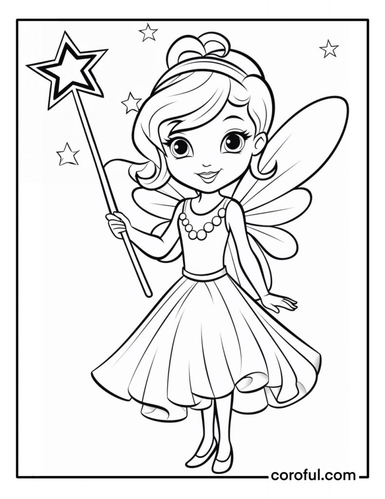 Cute fairy and a star magic wand coloring page