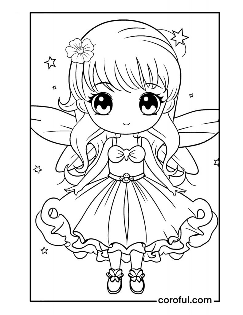 Cute fairy with flower hair dress coloring page