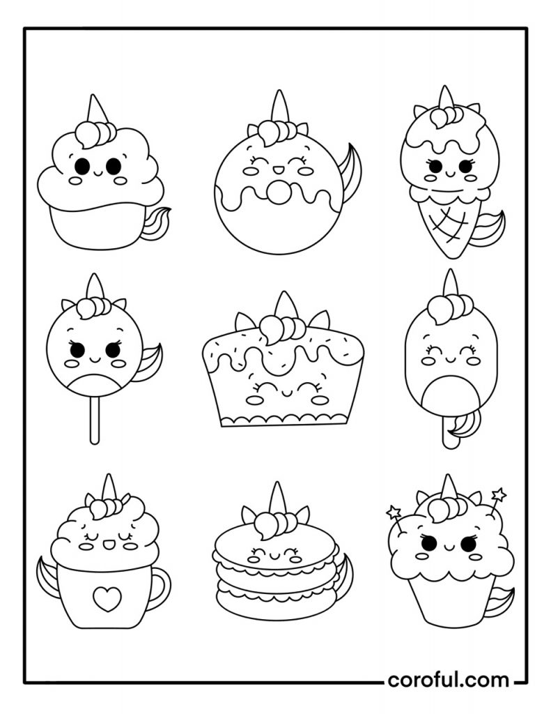 Cute food unicorn coloring page