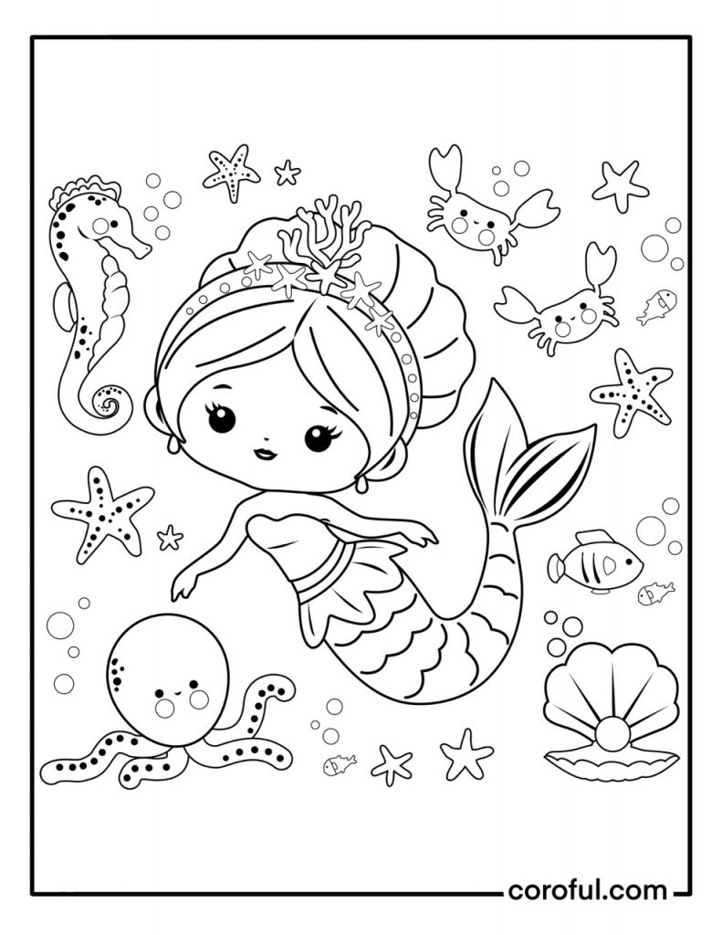 Cute little mermaid with hair up and seahorse coloring page