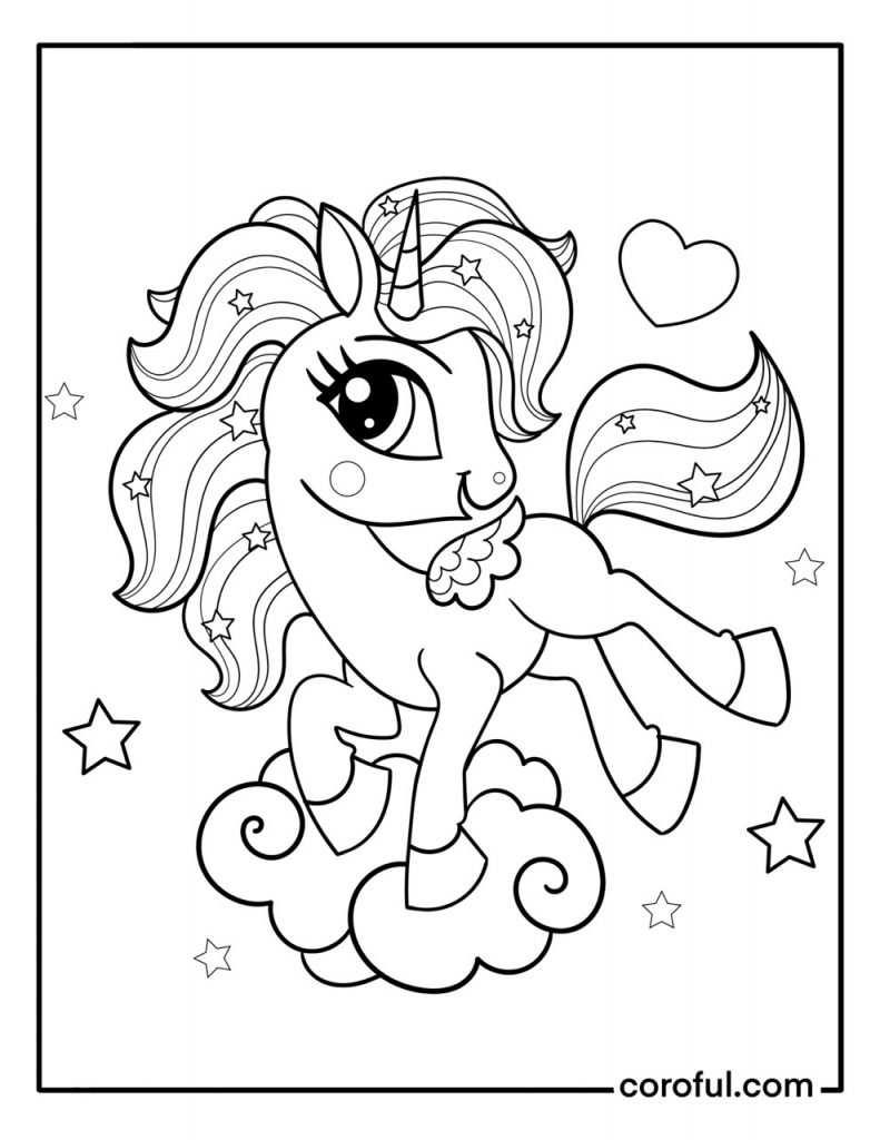 Cute unicorn kicking on the clouds coloring page