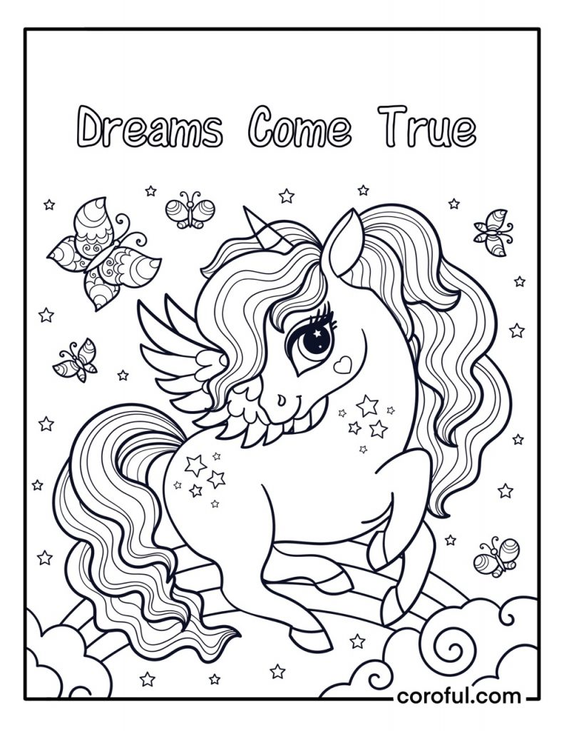 Dreams come true unicorn coloring page