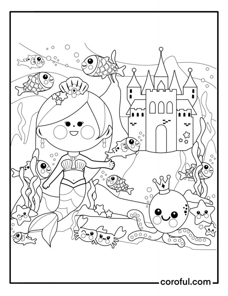 Easy mermaid with castle coloring page