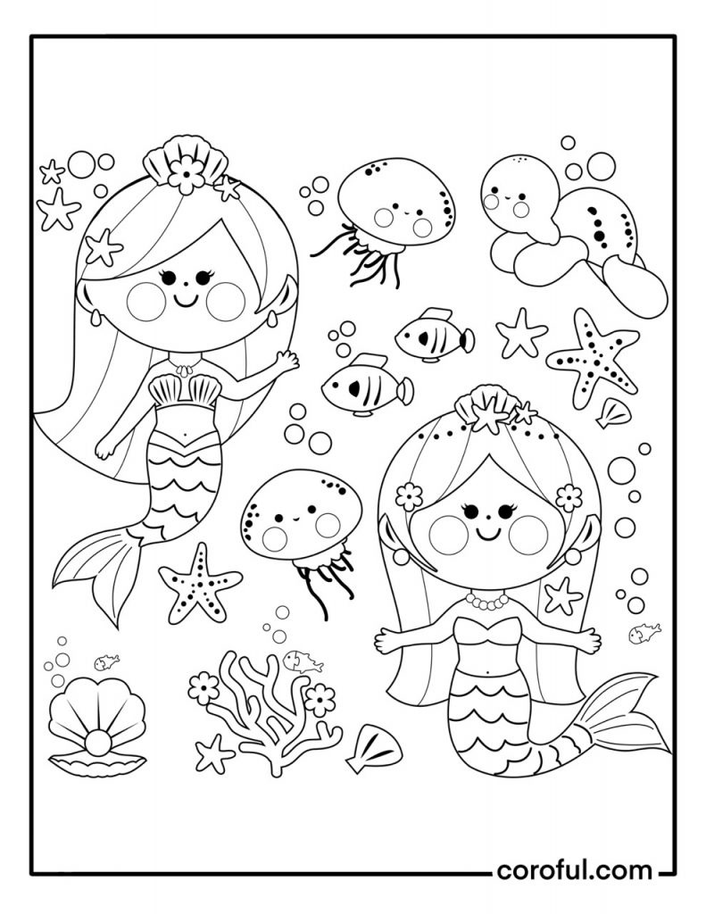 Easy to color two mermaids with sea creatures coloring page