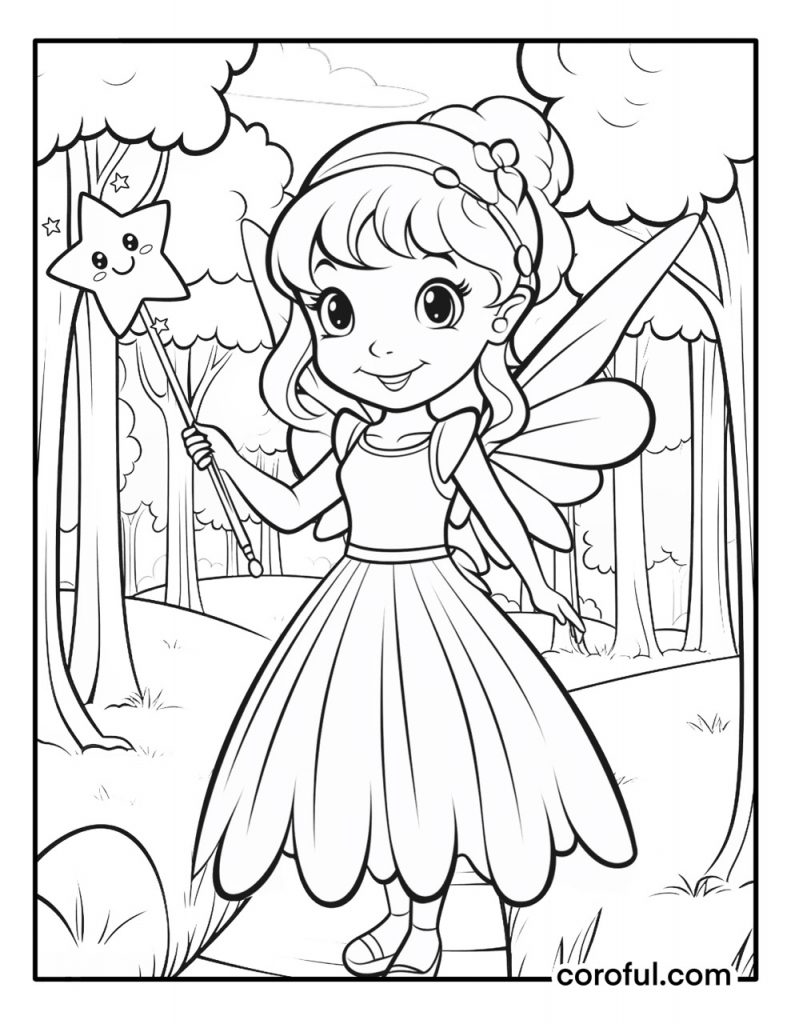 Fairy in a forest coloring page