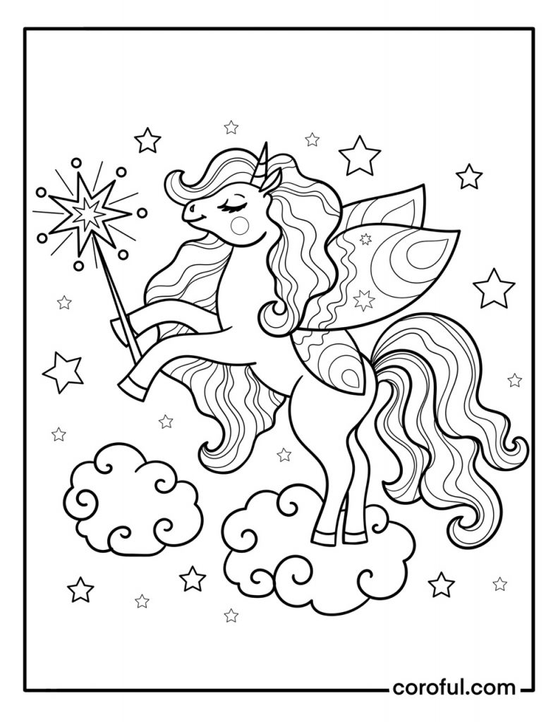 Fairy unicorn with a magic wand coloring page