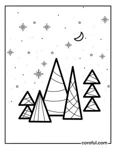 Geometric Christmas trees in starry night coloring page