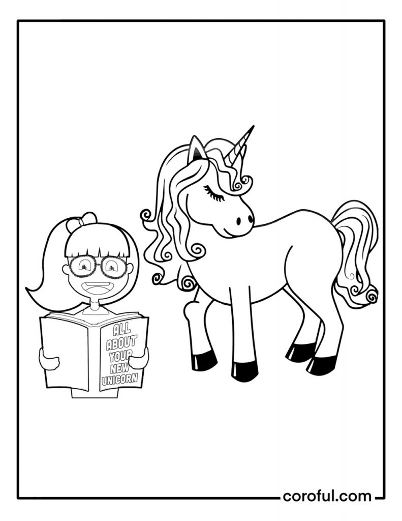 Girl reading all about unicorn coloring page