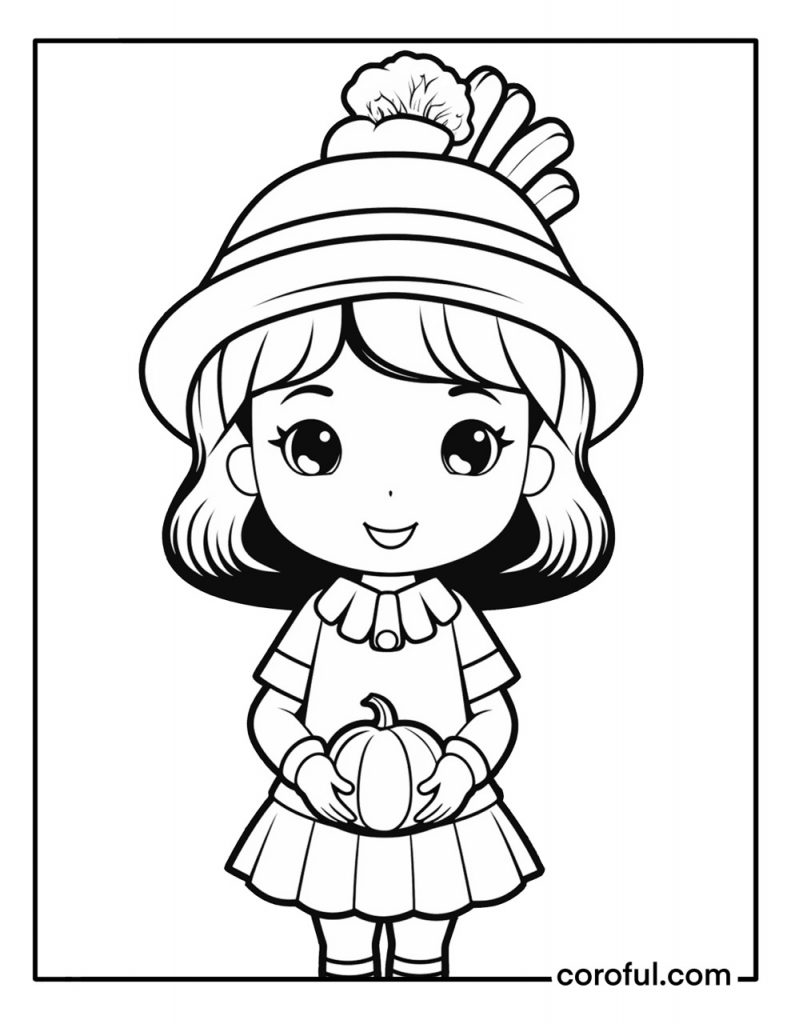 Girl with a pumpkin thanksgiving coloring page