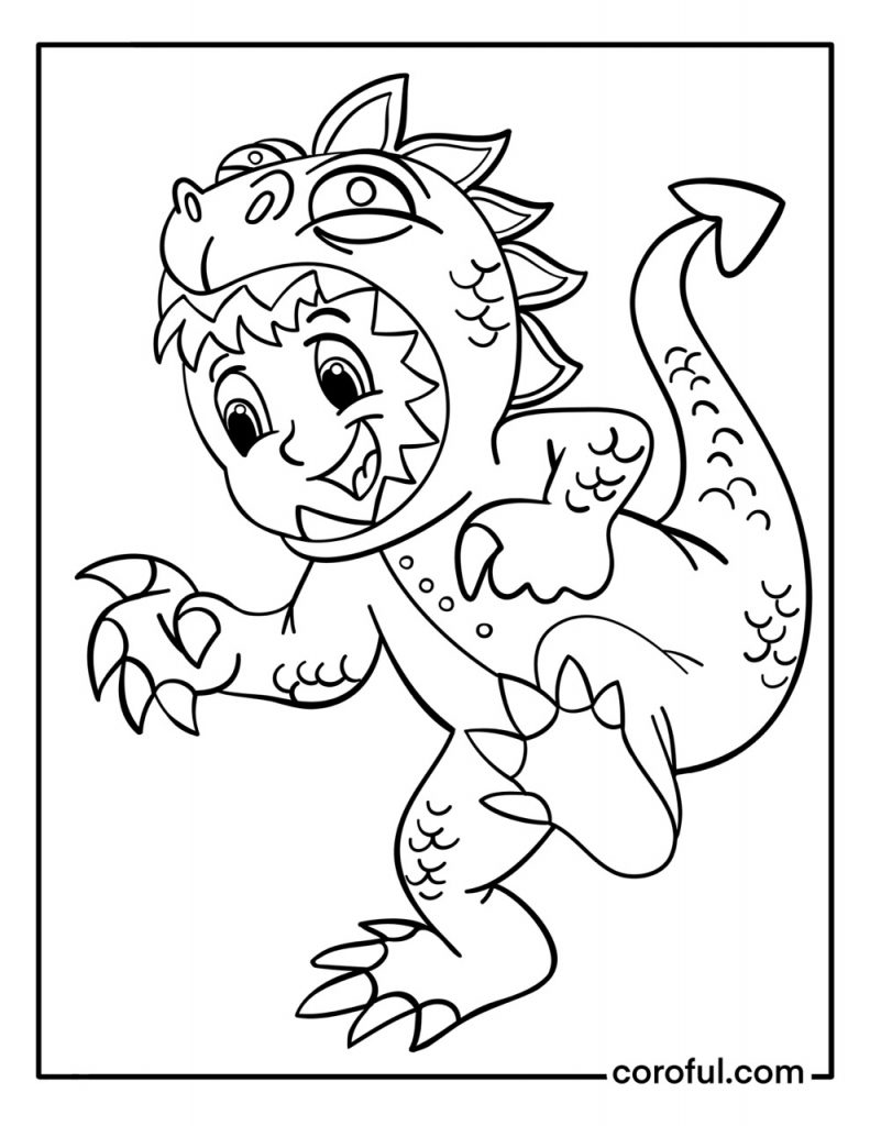 Kid dressed up as dinosaur coloring page