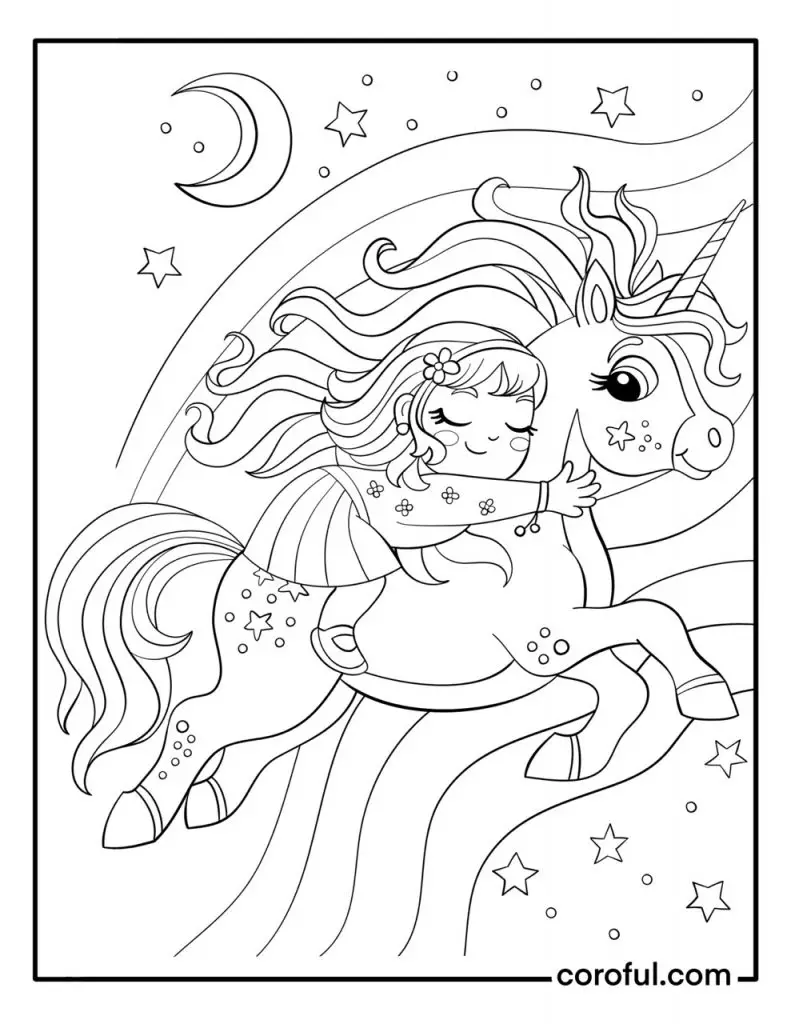 Little girl hugging a unicorn coloring page