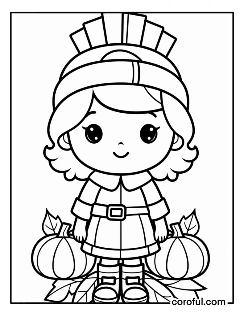 Little girl pumpkin harvesting for thanksgiving coloring page