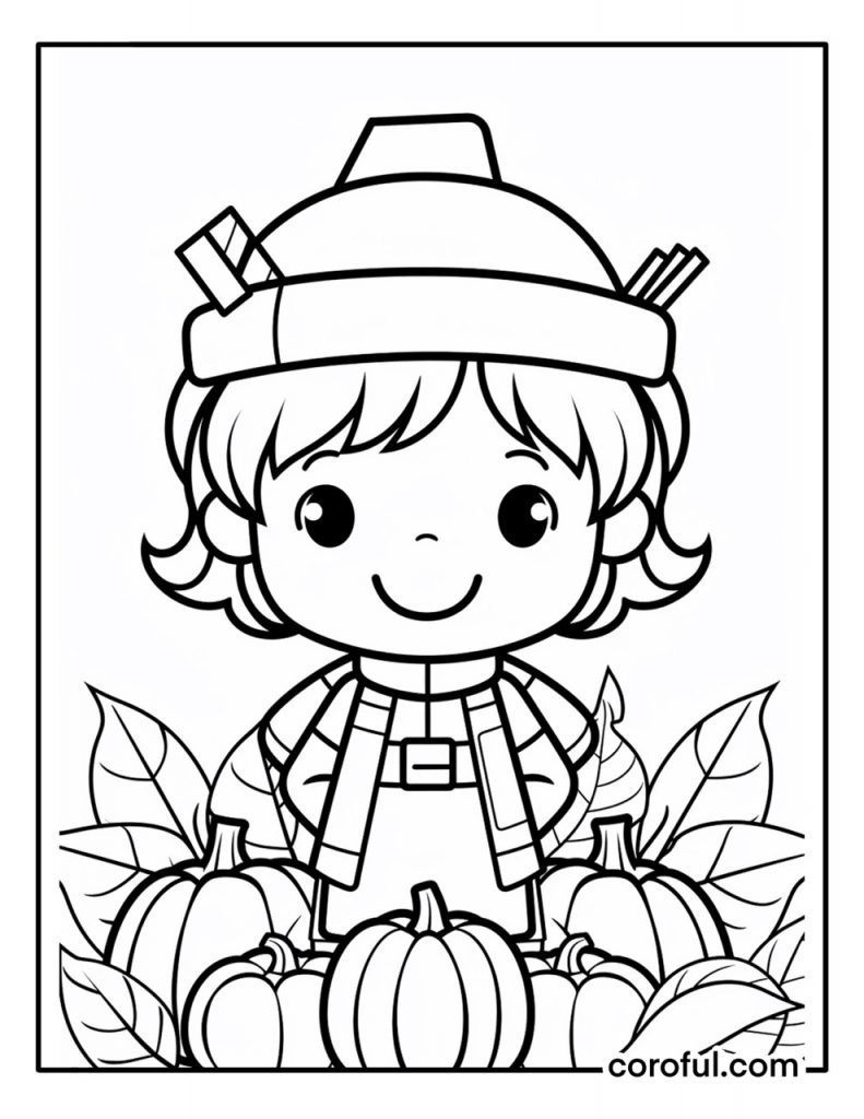 Little kid pumpkin harvest for thanksgiving coloring page