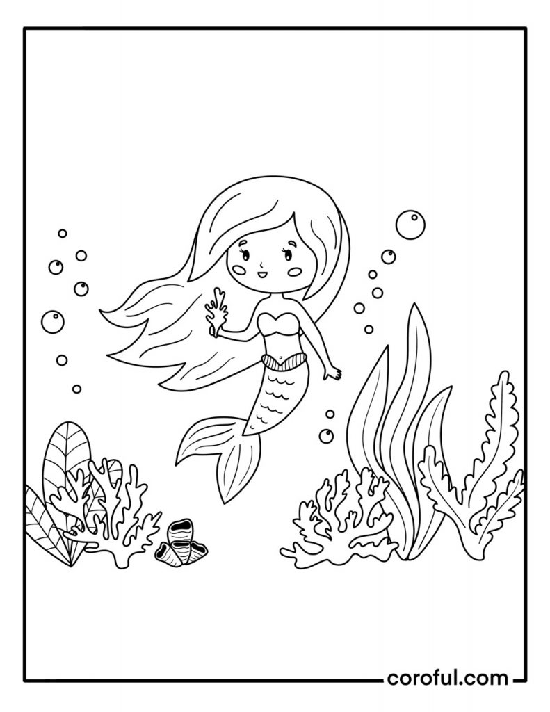 Little mermaid and seaweed coloring page