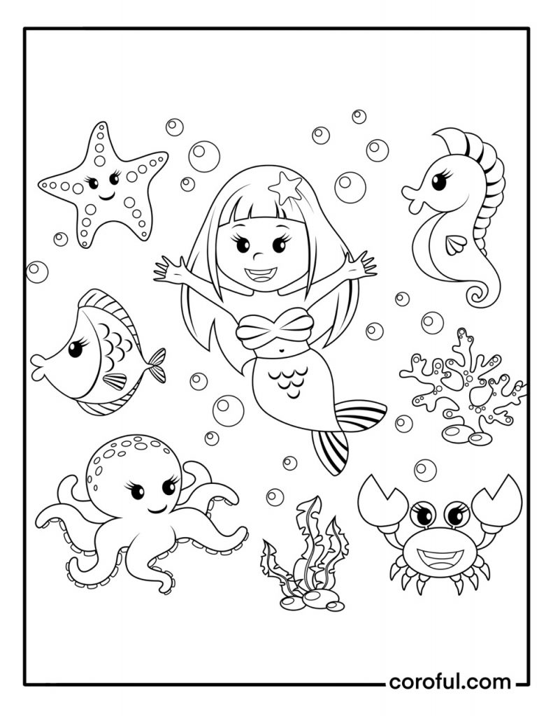 Little mermaid surrounded by sea creatures coloring page