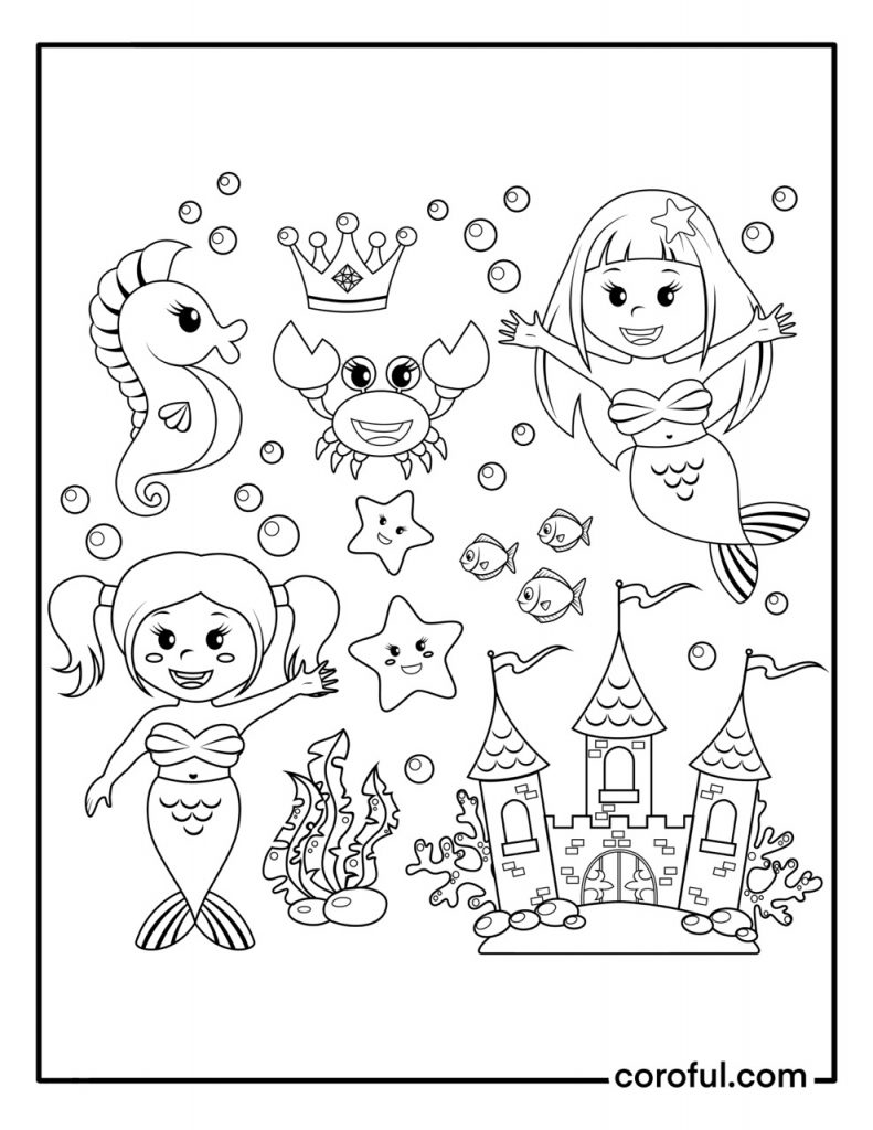 Little mermaid with friends and castle coloring page