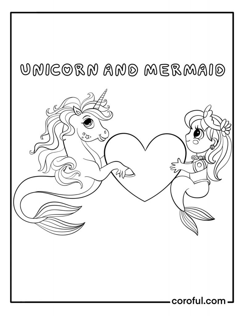 Unicorn and mermaid with heart coloring page