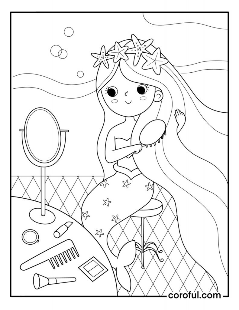 Mermaid brushing hair coloring page