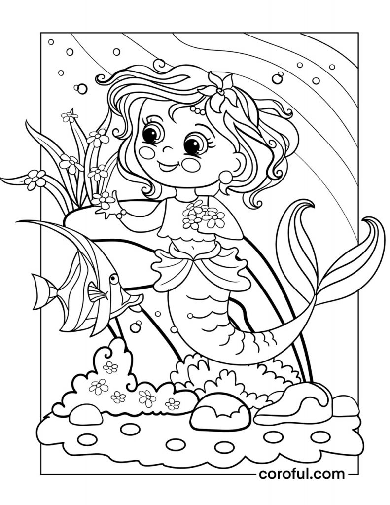 Mermaid feeding a fish with flower coloring page