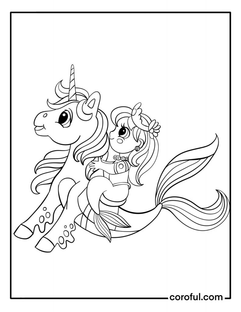 Mermaid riding a unicorn side view coloring page