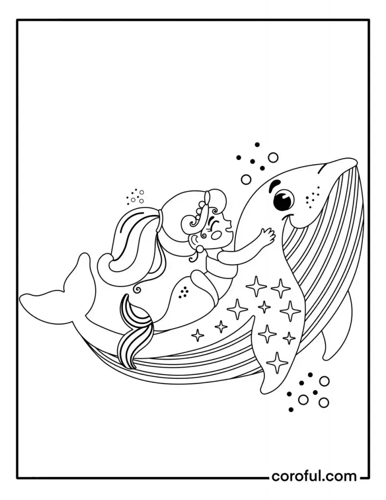 Mermaid riding a whale coloring page