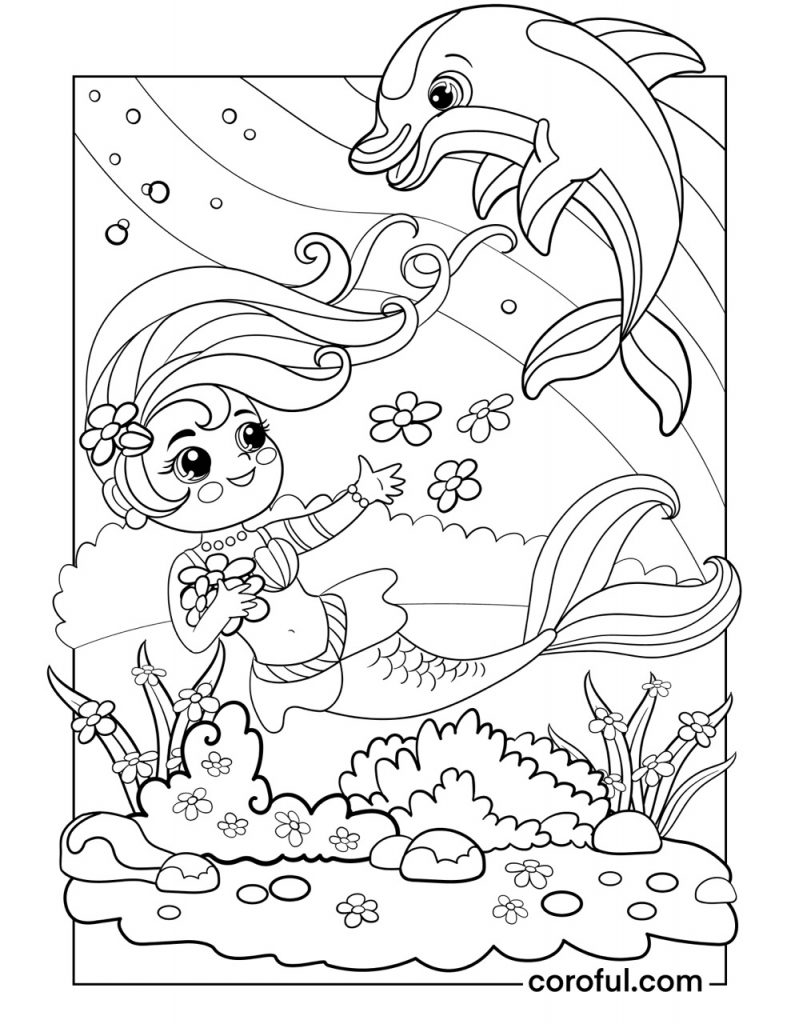 Mermaid with a dolphin coloring page