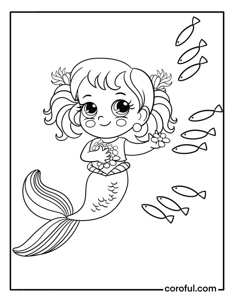 Mermaid with a pool of fish coloring page