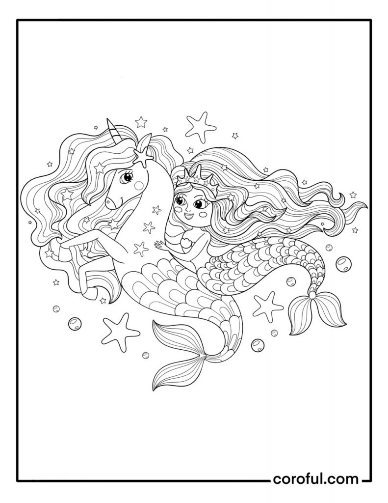 Mermaid with unicorn mermaid and stars coloring page