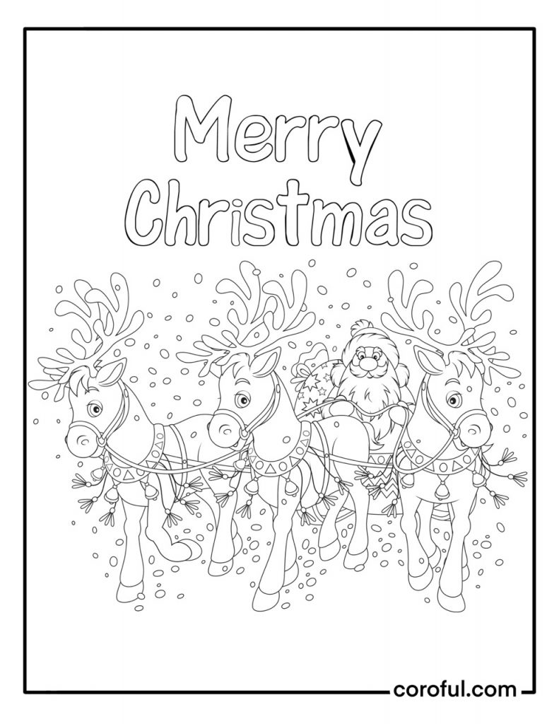 Merry Christmas with Santa Claus and reindeers coloring page