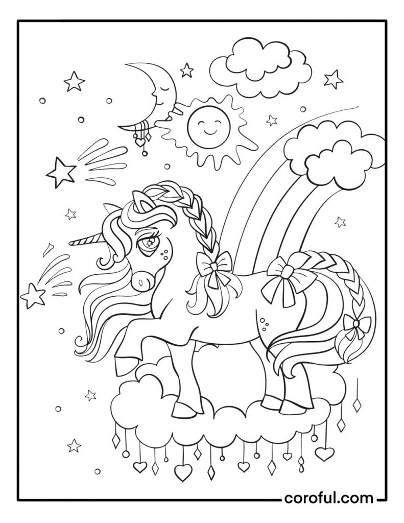 Meteors and unicorn coloring page