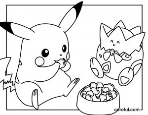 Pikachu and Togepi eating coloring page