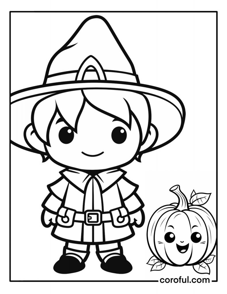 Pilgrim boy with a pumpkin ready for thanksgiving coloring page